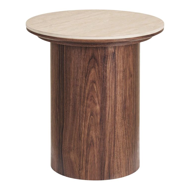 Delphi Side Table - Round - Cylindrical Base - Cream and Dark Brown - Ceramic and Wooden