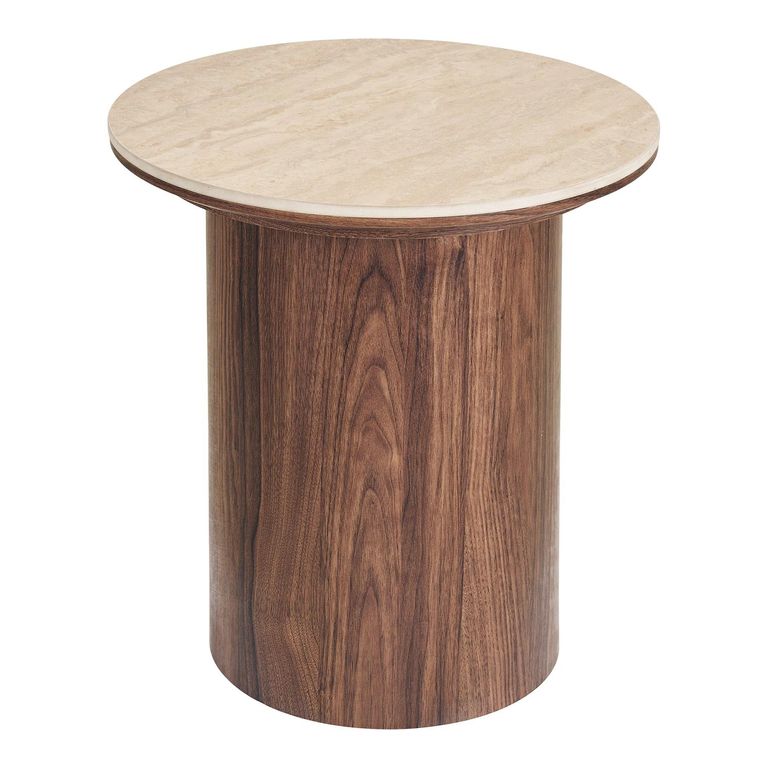 Delphi Side Table - Round - Cylindrical Base - Cream and Dark Brown - Ceramic and Wooden