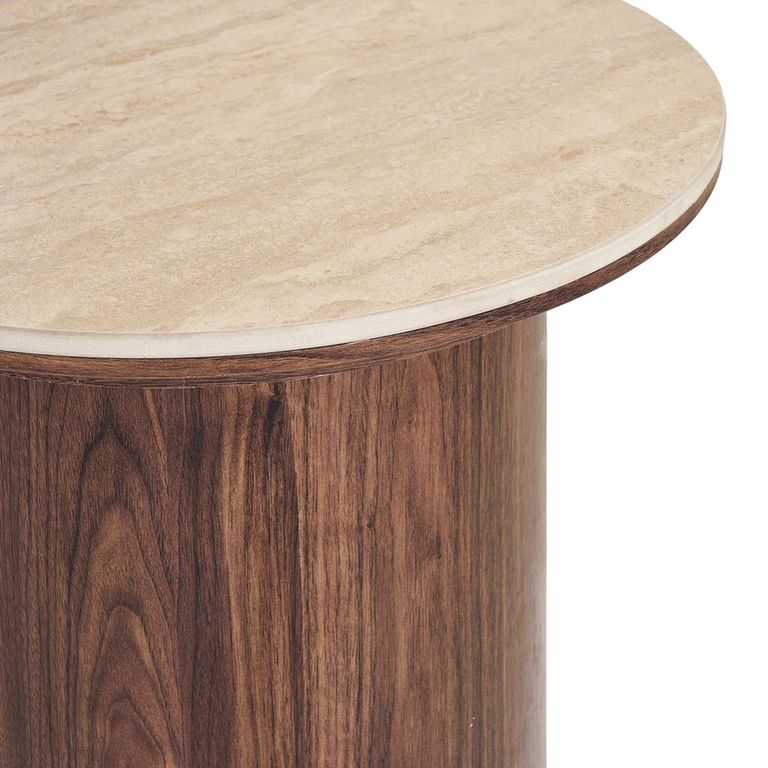 Delphi Side Table - Round - Cylindrical Base - Cream and Dark Brown - Ceramic and Wooden