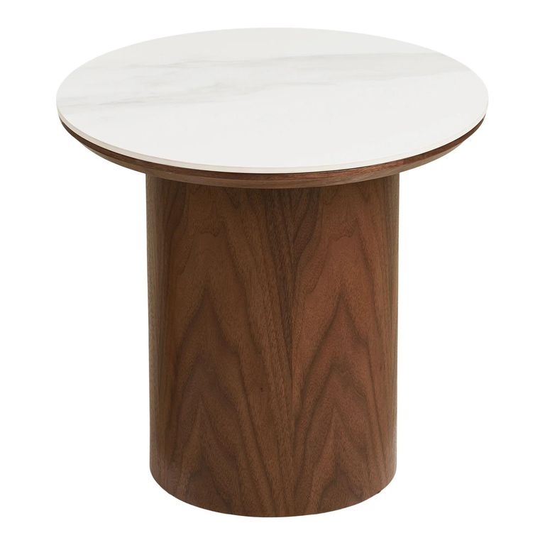 Noli Side Table - Round - Cylindrical Base - White and Dark Brown - Ceramic and Wooden
