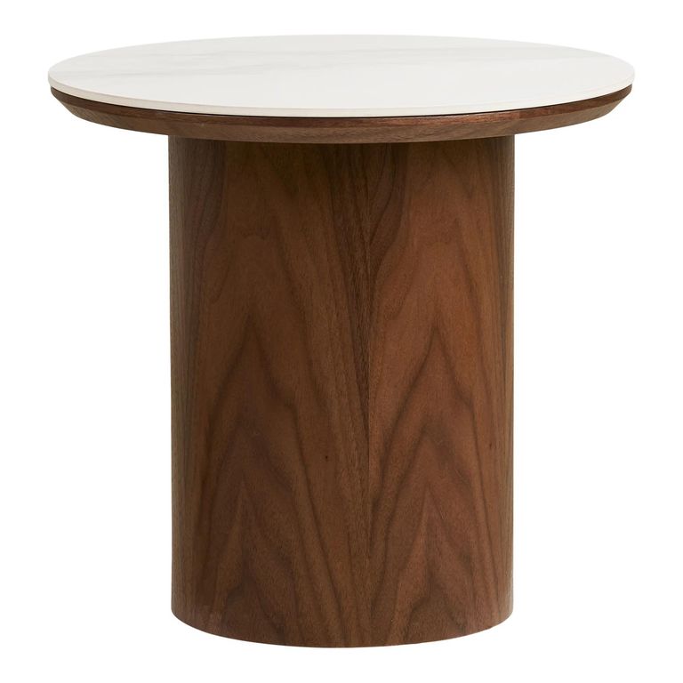 Noli Side Table - Round - Cylindrical Base - White and Dark Brown - Ceramic and Wooden