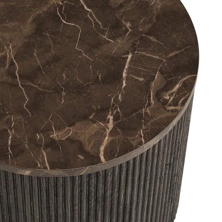 Rota Side Table - Round - Fluted Base - Dark Brown - Marble Look
