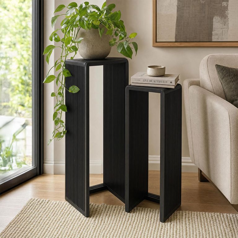Cubic Side Table - 2 Tier - Slatted - Black - Recycle Teak Wood