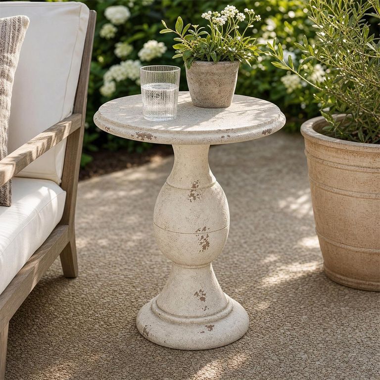 Magnesium Distressed Outdoor Side Table - Round - Ecru and Beige - Polyresin