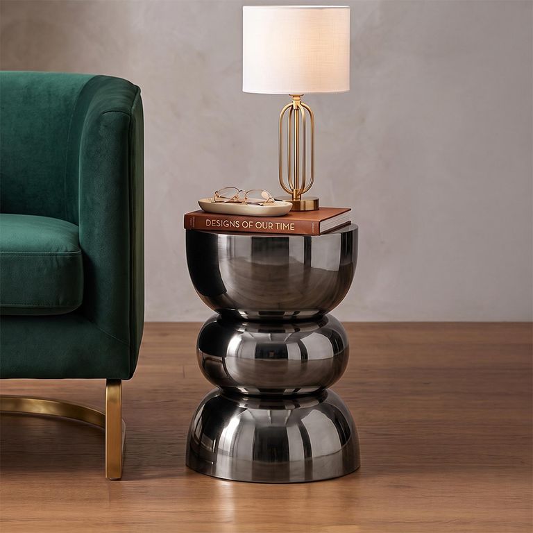 Shiny Curved Side Table - Round - Sculptural Drum Base - Black - Metal