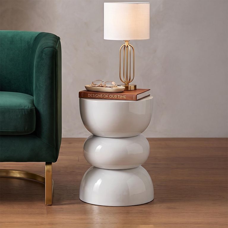 Shiny Curved Side Table - Round - Sculptural Drum Base - Ecru - Metal