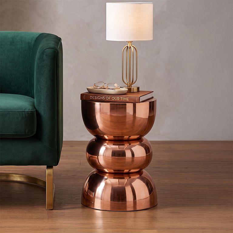 Shiny Curved Side Table - Round - Sculptural Drum Base - Rose - Metal