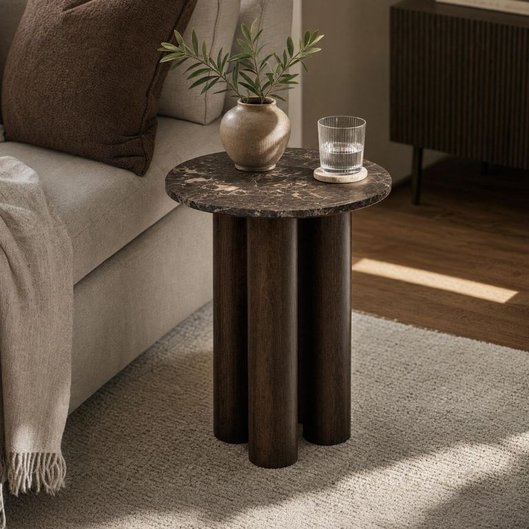Side Table - Round - Brown - Sculptural Base - Marble and Wooden