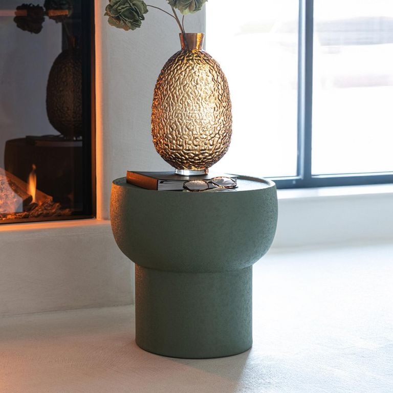 Side Table - Round - Cylindrical Drum Base - Olive Green - Metal