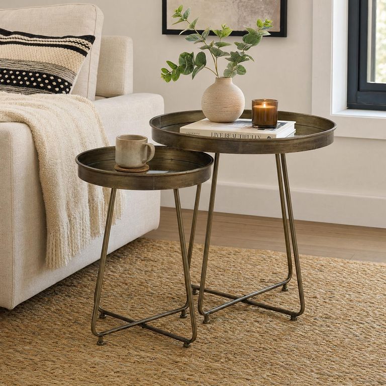 Side Table - Set of 2 - Round - Curved Leg - Antique Brass - Mirrored and Metal