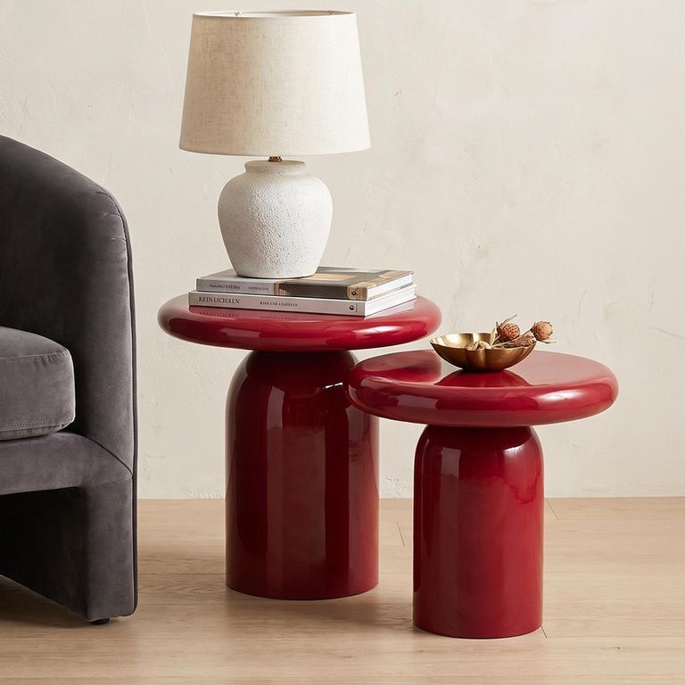 Side Table - Set of 2 - Round - Cylindrical Pedestal Base - High Gloss Red Lacquered - Metal