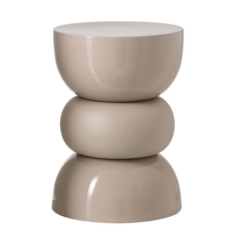 Shiny Curved Side Table - Round - Sculptural Drum Base - Beige - Metal