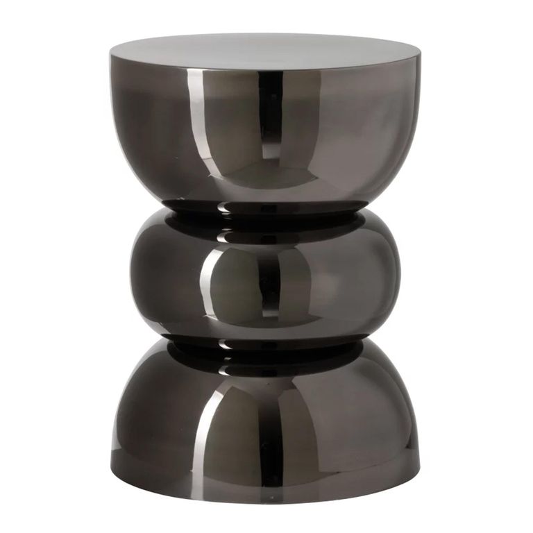 Shiny Curved Side Table - Round - Sculptural Drum Base - Black - Metal