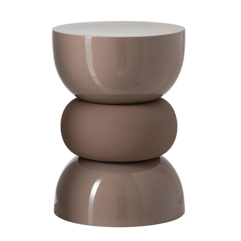 Shiny Curved Side Table - Round - Sculptural Drum Base - Brown - Metal