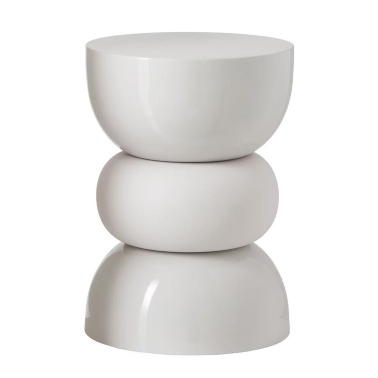 Shiny Curved Side Table - Round - Sculptural Drum Base - Ecru - Metal