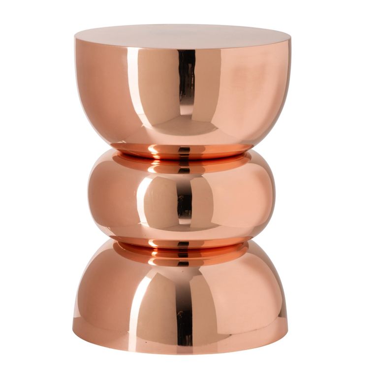 Shiny Curved Side Table - Round - Sculptural Drum Base - Rose - Metal