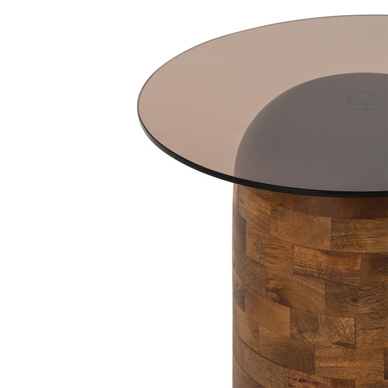 Side Table - Tall - Round - Cylinder Base - Smoked and Natural - Glass and Mango Wood