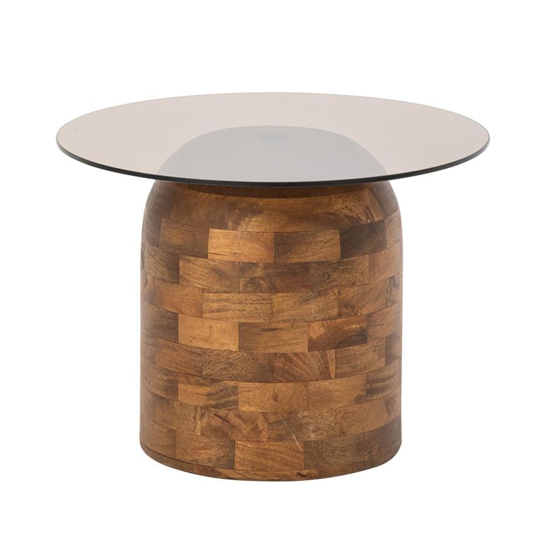 Side Table - Round - Pedestal Base - Smoked and Natural - Glass and Mango Wood