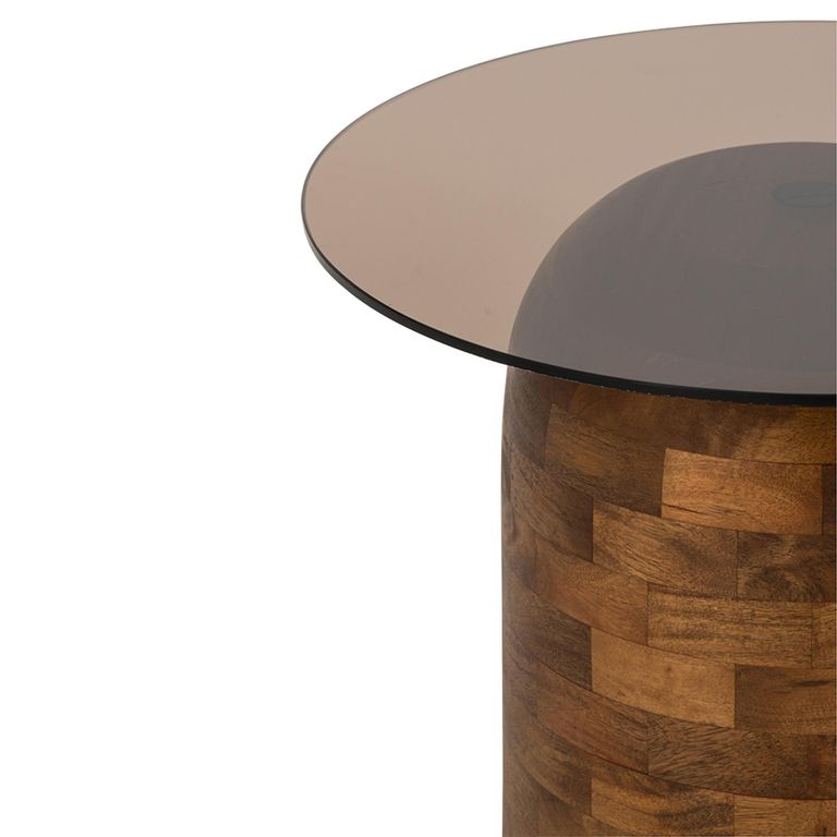 Side Table - Round - Pedestal Base - Smoked and Natural - Glass and Mango Wood