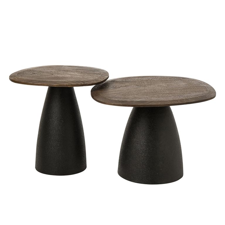 Side Table - Set of 2 - Abstract - Pedestal Bases - Dark Brown and Black - Mango Wood
