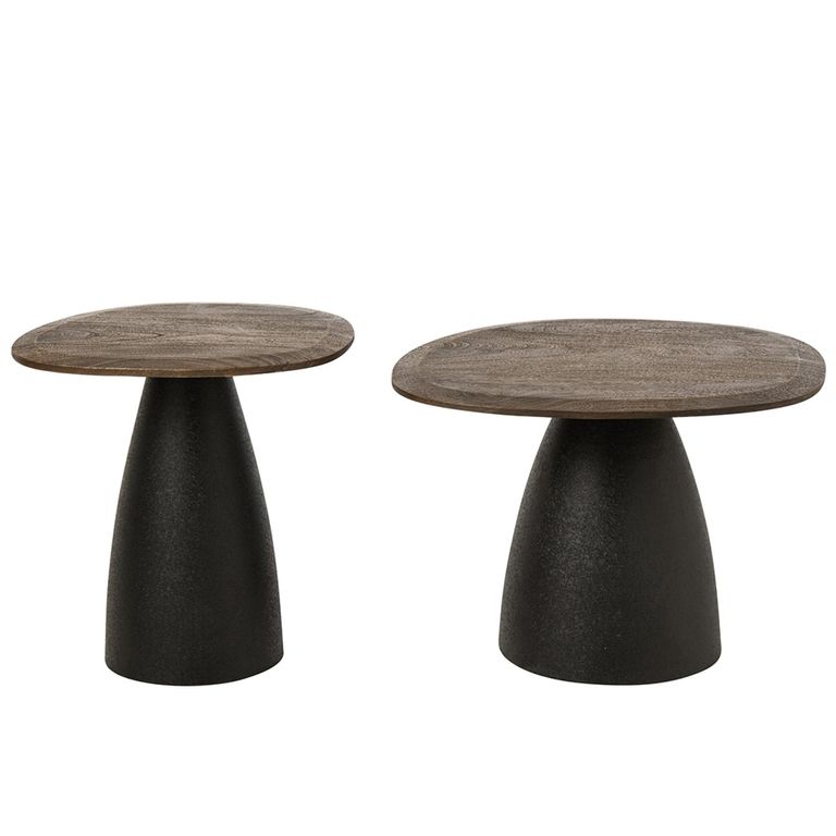 Side Table - Set of 2 - Abstract - Pedestal Bases - Dark Brown and Black - Mango Wood