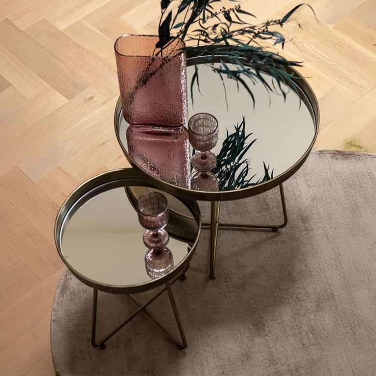 Side Table - Set of 2 - Round - Curved Leg - Antique Brass - Mirrored and Metal
