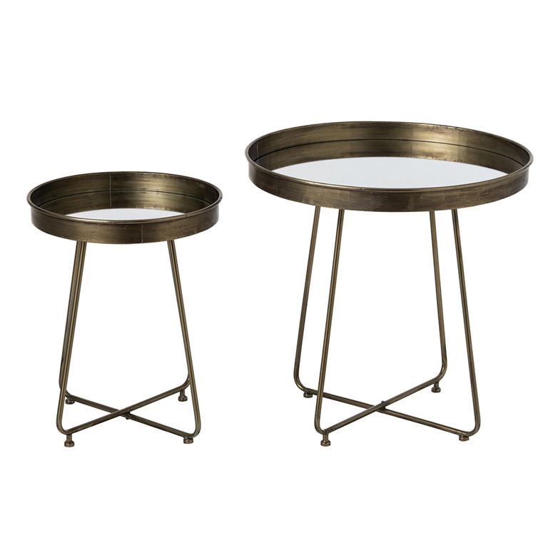 Side Table - Set of 2 - Round - Curved Leg - Antique Brass - Mirrored and Metal