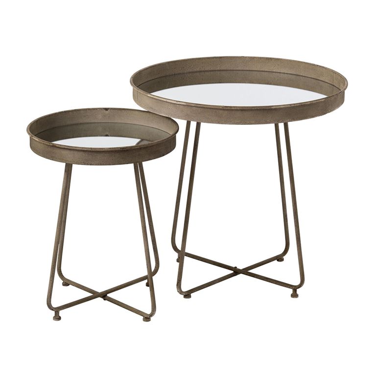 Side Table - Set of 2 - Round - Curved Leg - Rust Brown - Mirrored and Metal