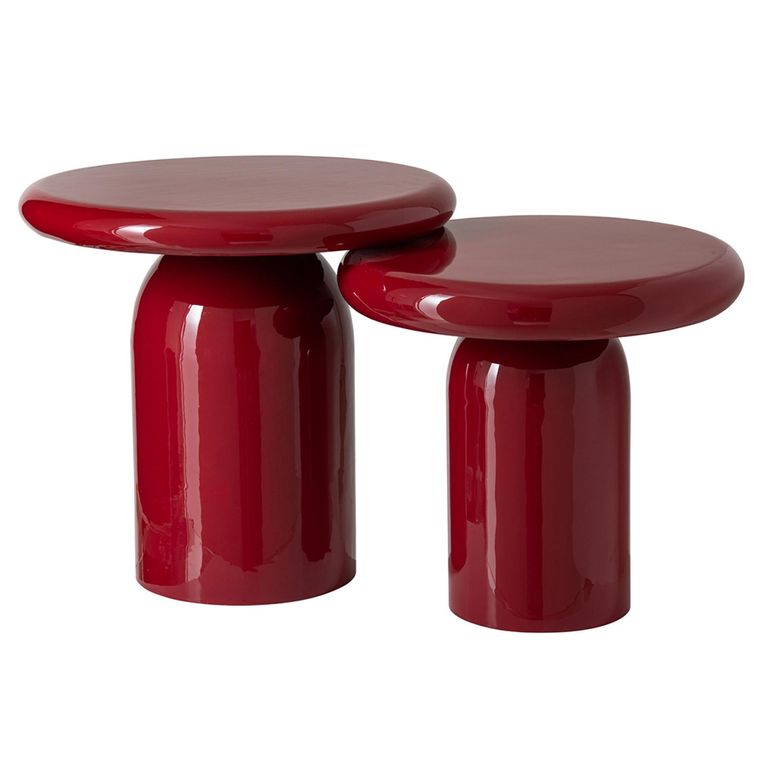 Side Table - Set of 2 - Round - Cylindrical Pedestal Base - High Gloss Red Lacquered - Metal