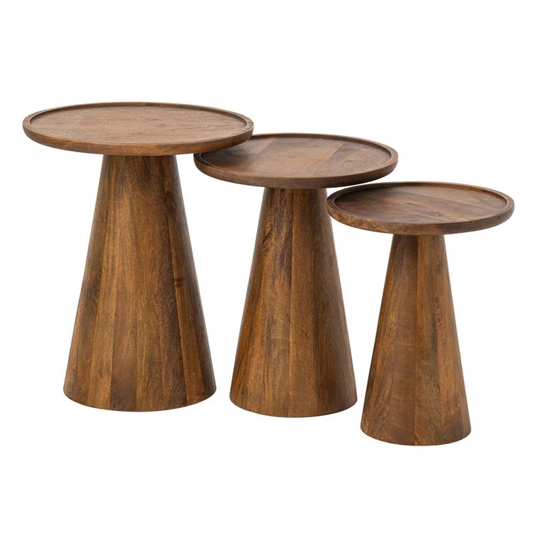 Side Table - Set of 3 - Round - Cone Base - Natural - Mango Wood