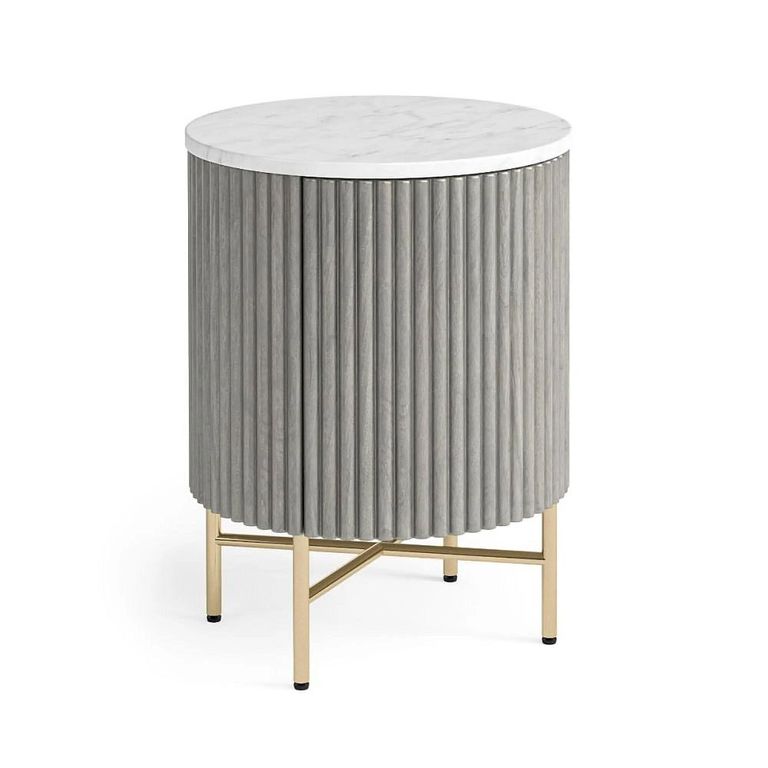 Clearance - Isabella Grey Side Table - Round Fluted - White Marble Top - FSS17480