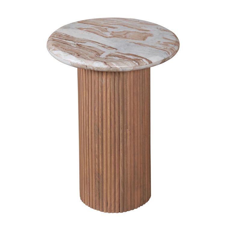 Ashford Side Table - Round - Fluted - Pale Taupe - Marble Top and Mango Wood