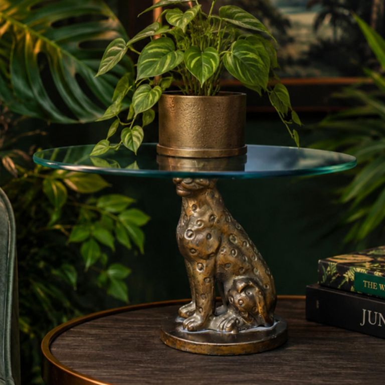 Set of 2 Leopard Base Glass and Metal Round Side Table