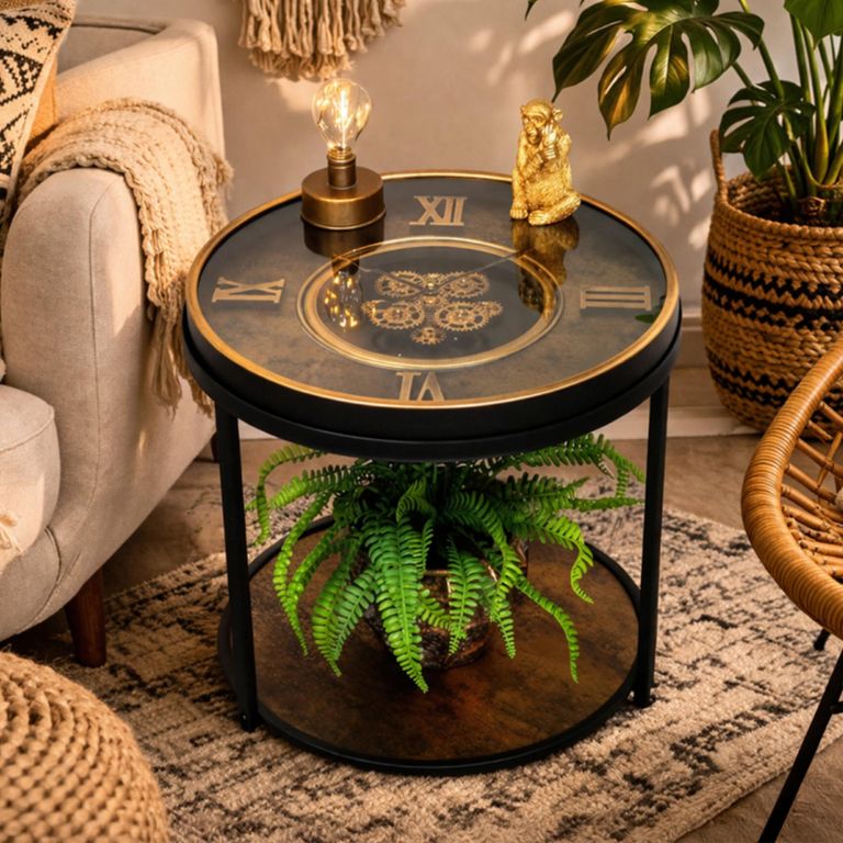 Black Glass Metal Clock with Cogs Round Side Table