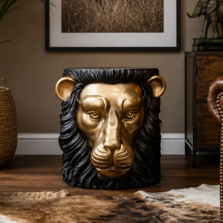 Black and Gold Resin Metal Lion Side Table