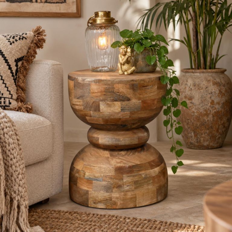 Mango Wood Hourglass Abstract Small Round Side Table