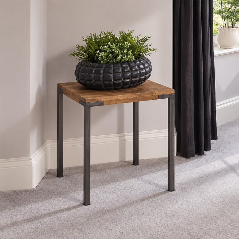 Capri Mango Wood Brushed Gunmetal Base Square Lamp Table