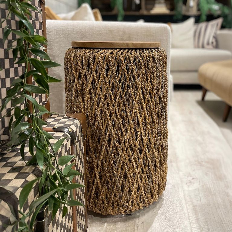 Natural Mindi Wood Weaved Base Round Lamp Table