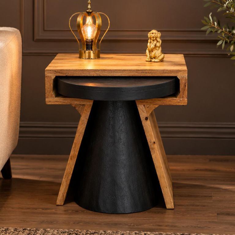 Natural and Black Mango Wood 2 Tier Side Table
