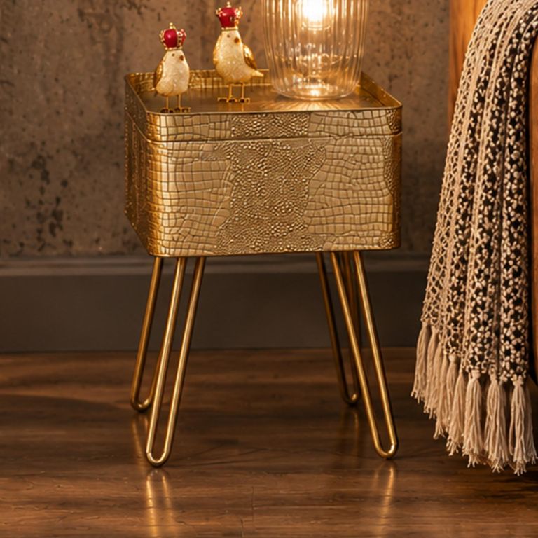 Gold Metal Storage Side Table with Hairpin Legs