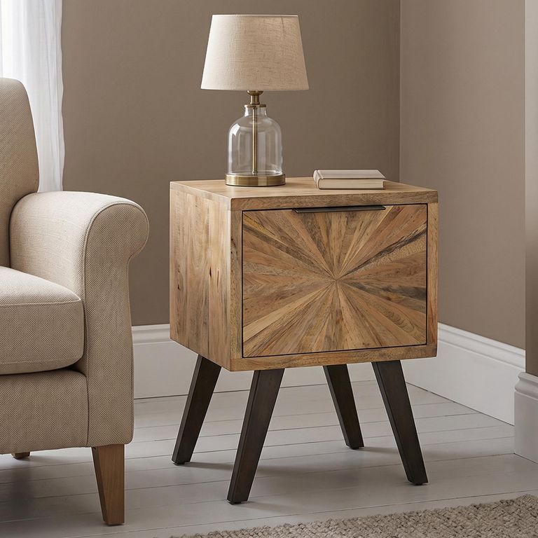 Kodi Natural Mango Wood 1 Drawer Sunburst Side Table