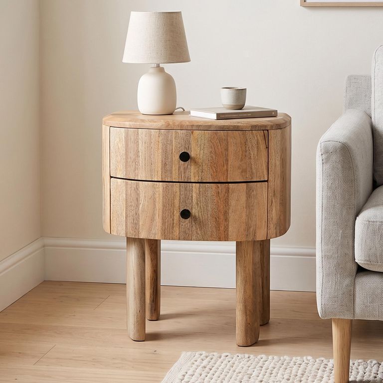 Sindhu Natural Mango Wood 2 Drawer Curved Side Table