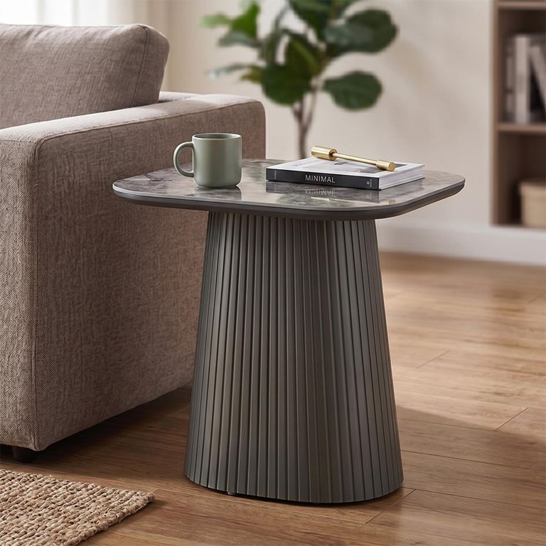 Barletta End Table - Square - Fluted Base - Dark Grey - Sintered Stone and Wood