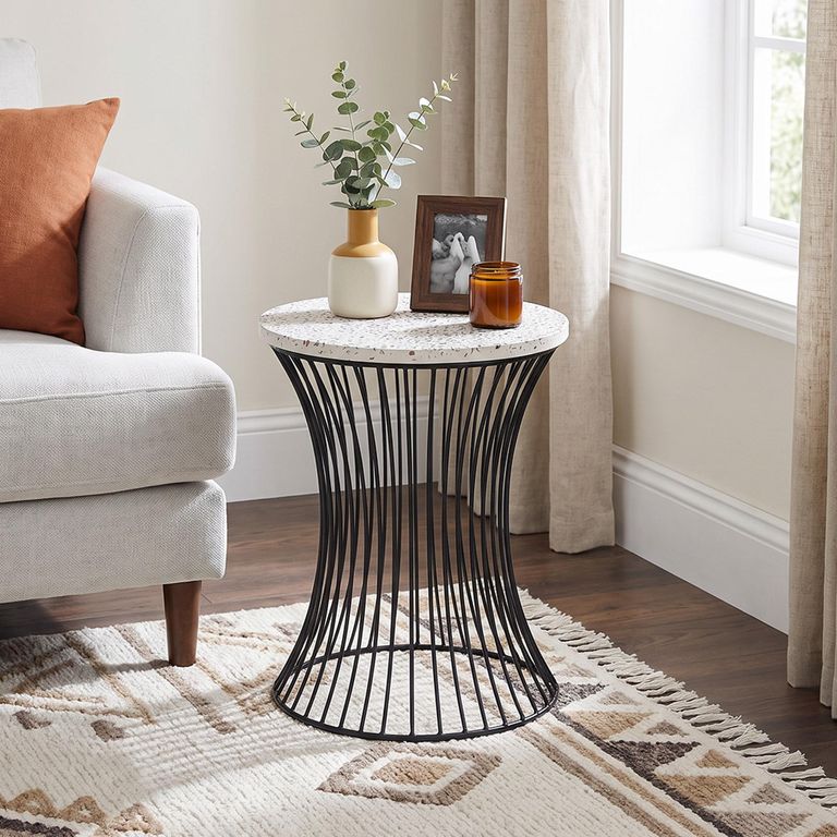 Clearance - Ritz Accent Round Table Drum Shape Terrazzo Black Wire Base Metal Black and Trazzo