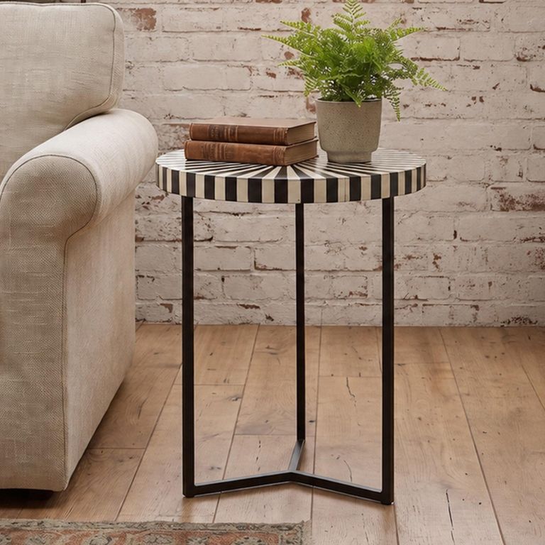 Delhi Side Table - Round - Radial Sunburst - Black - Bone Inlay and Metal