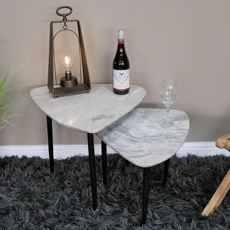 Side Tables - Grey Marble Top - Triangular - 2 Piece - Set of 2