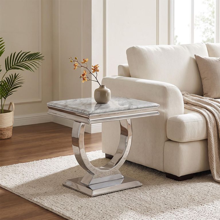 Glacier Grey Marble and Chrome Square Side Table