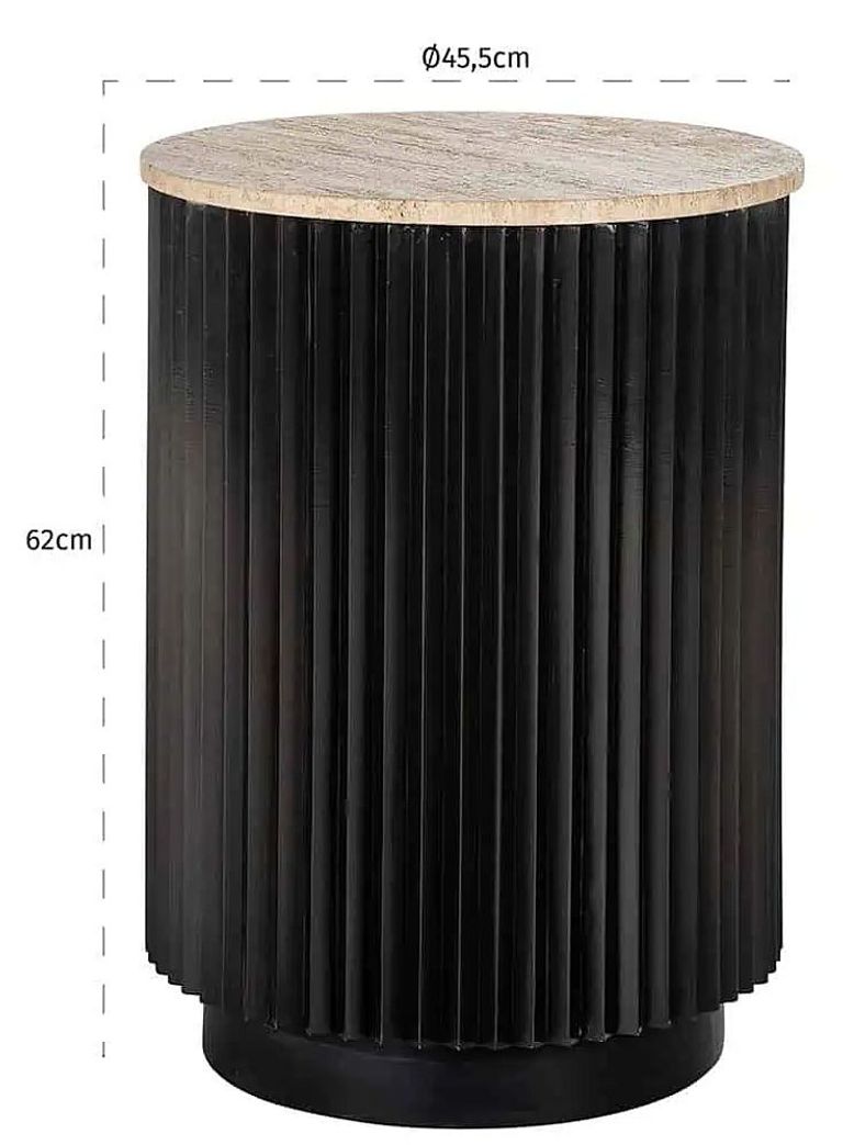 Hampton Travertine Beige Top Round Side Table with Black Fluted Base