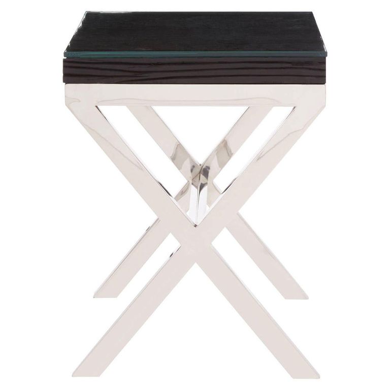 Kerala Side Table - Square - Black Glass with Silver Cross Base