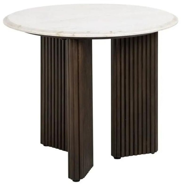 Mayfield White Marble Top Round Side Table - Dark Wood Fluted Base